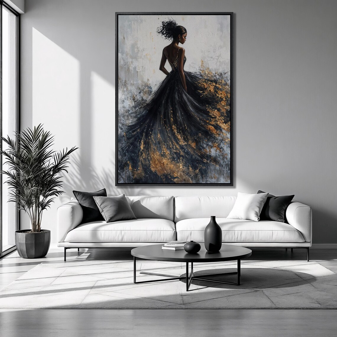 Elegant Lady Flowing Black Gold Gown Back View Glamorous Beauty Art Poster