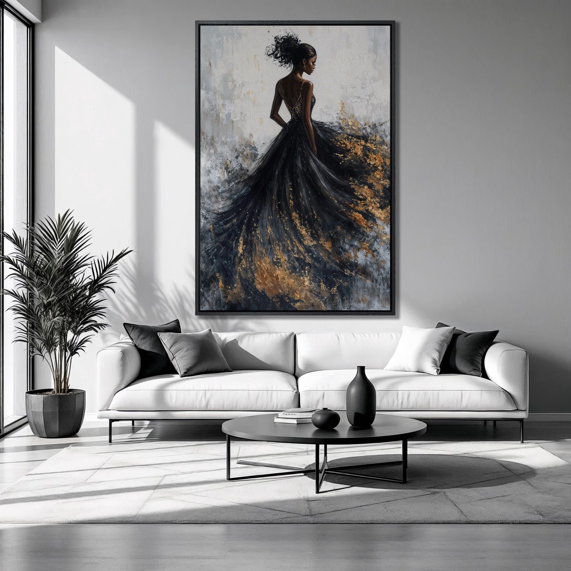 Feminine Silhouette Framed Print Charming Woman Luxury Art Glamour Black Dress Painting Print Fashion Decor Ready To Hang