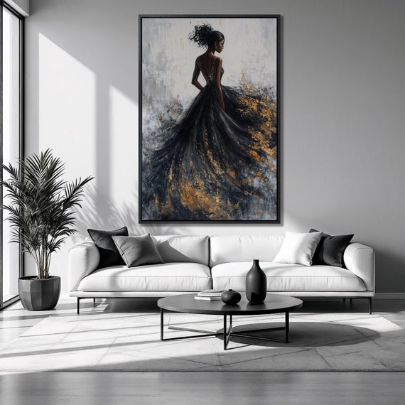 Feminine Silhouette Framed Print Charming Woman Luxury Art Glamour Black Dress Painting Print Fashion Decor Ready To Hang