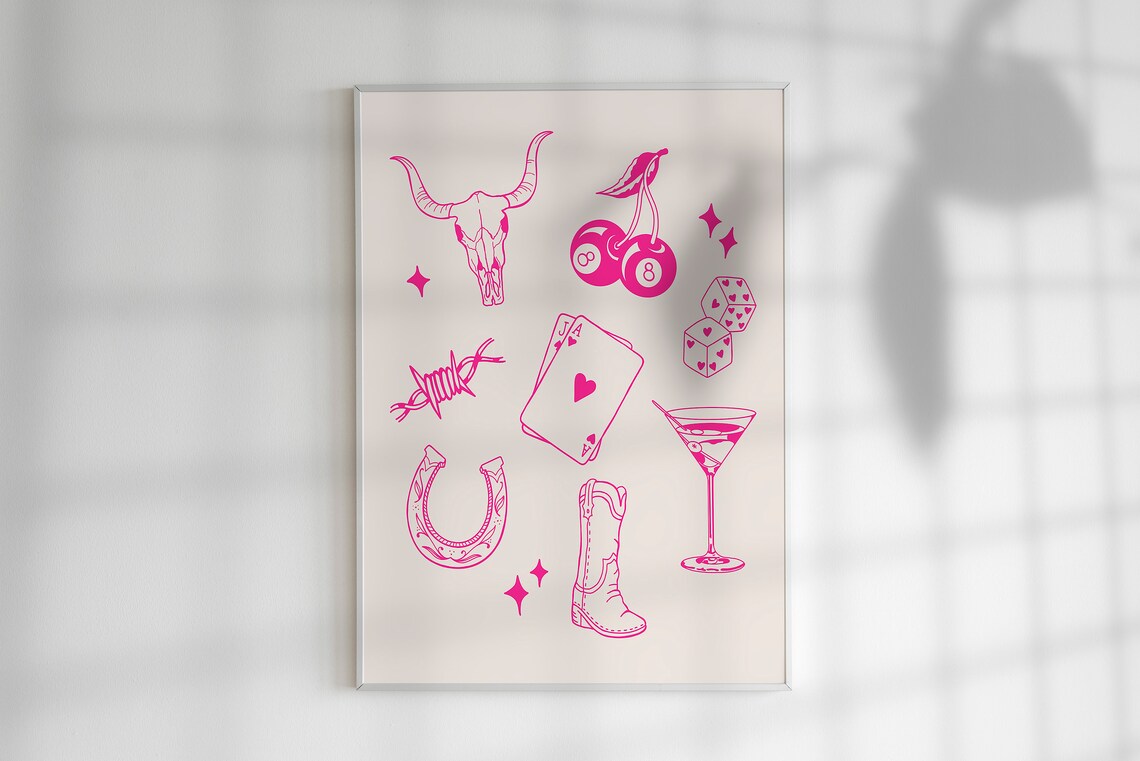 Pink Cowgirl Collage Line Art Boot Martini Cards Western Style Poster