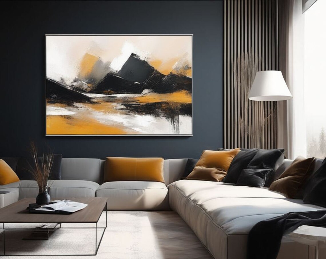 Abstract Black White Ochre Mountain Landscape Bold Brushstroke Art Poster - Image 2
