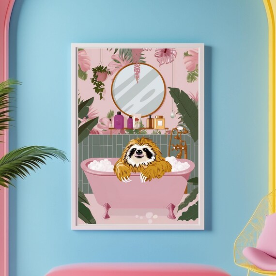 Sloth Relaxing In Pink Bathtub Funny Bathroom Animal Art Poster