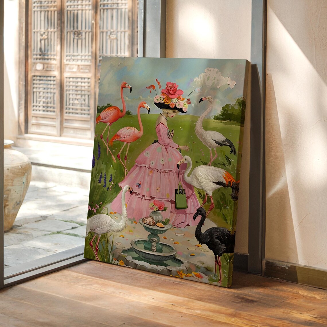 Lady in a Pink Gown Feeding Flamingos at a Garden Fountain Poster