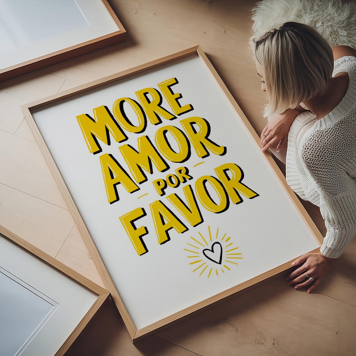 More Amor Por Favor Yellow Hand Lettered Spanish Quote Poster