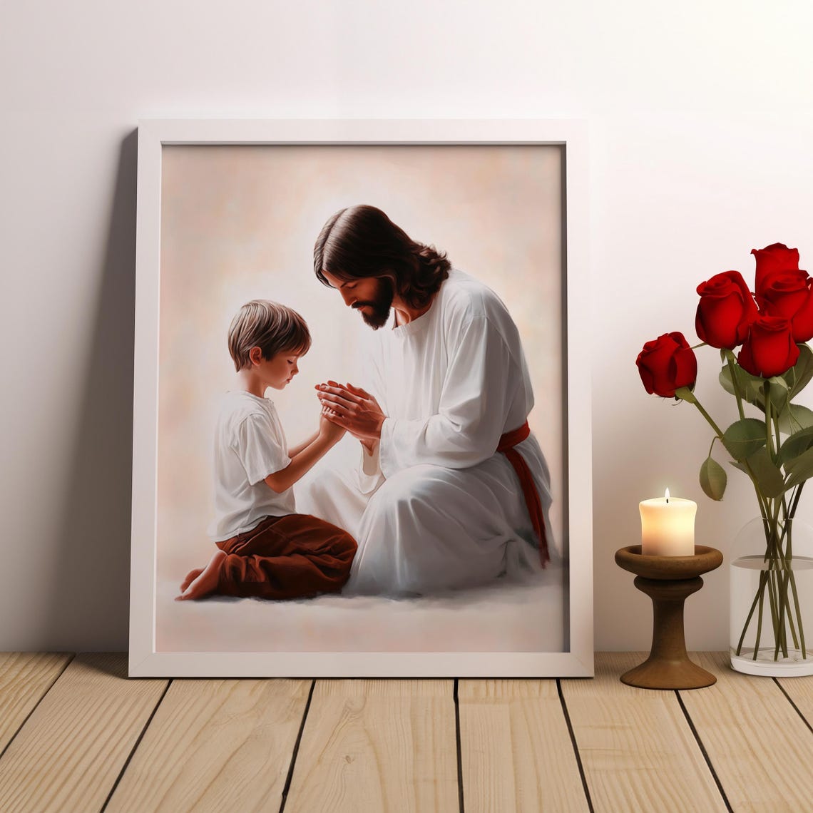 Jesus Praying with a Young Girl Gentle Christian Faith Poster - Image 3