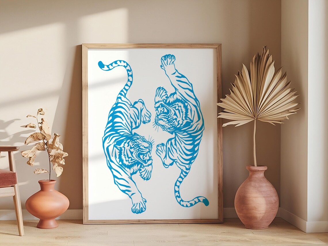 Pair Of Orange Tigers Mirrored Minimalist Line Art Wildlife Poster - Image 3