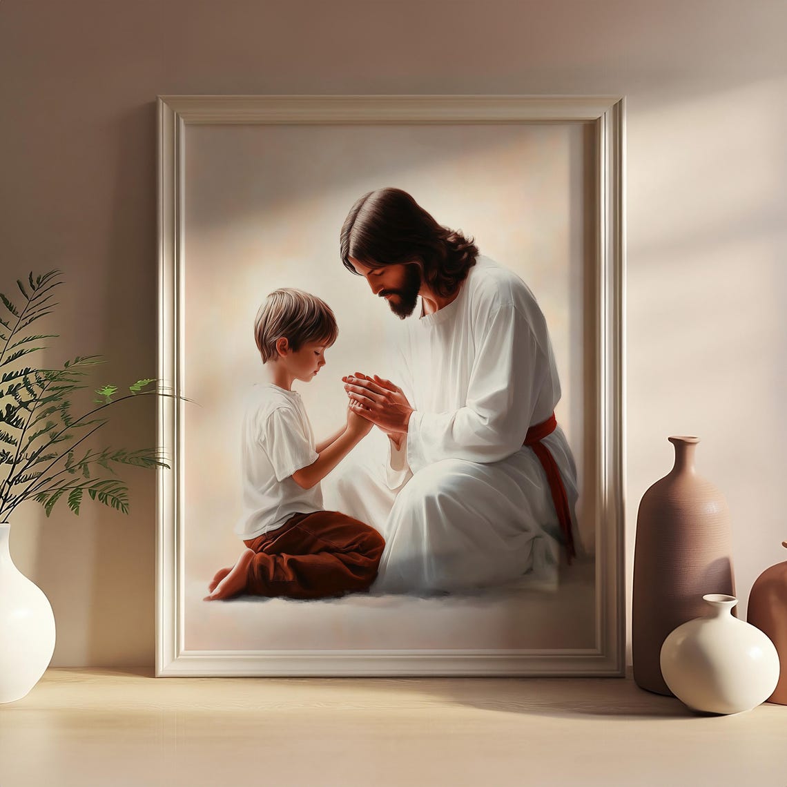 Comforting Jesus And A Little Girl Praying Together Wall Art - Image 2