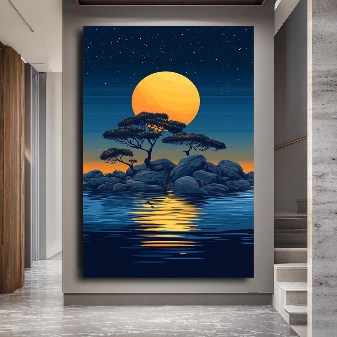 Serene Sunset Over Water Art Minimalist Nature Landscape Wall Decor Golden Reflection With Trees Peaceful Night Scene Print - Image 3