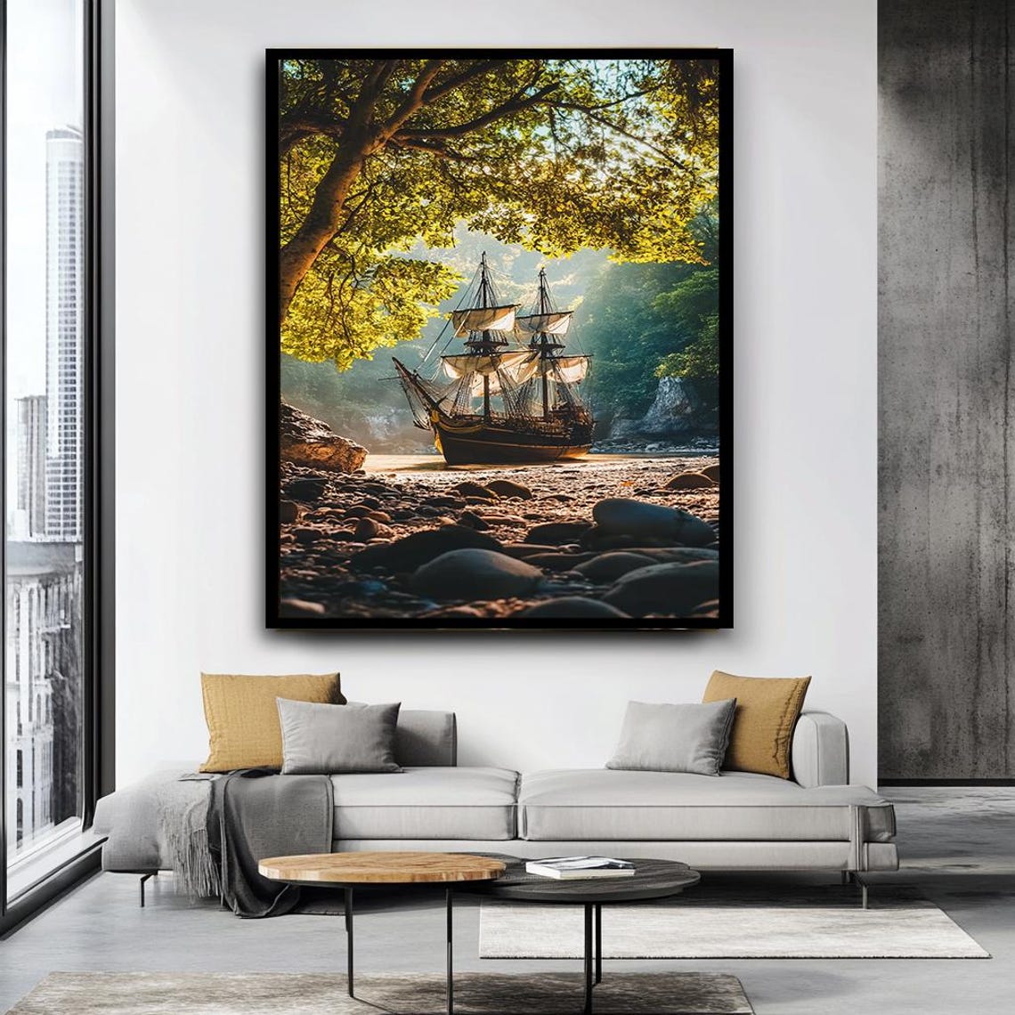 Vintage Pirate Ship Forest Cove Rocky Beach Nautical Adventure Poster - Image 4