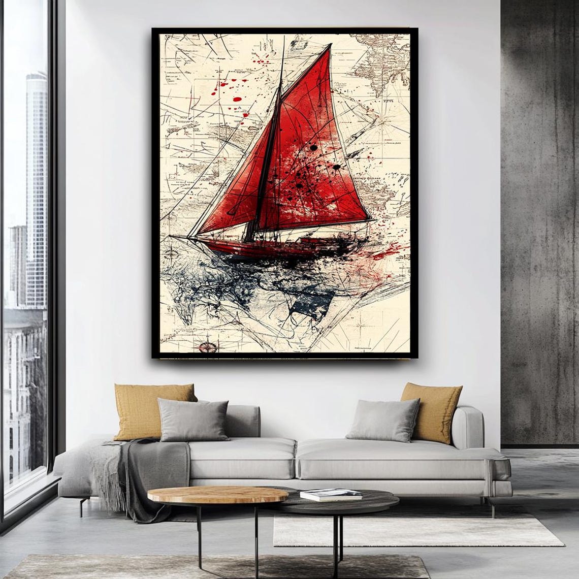 Red Sailboat Vintage World Map Nautical Sketch Maritime Sailing Poster - Image 4