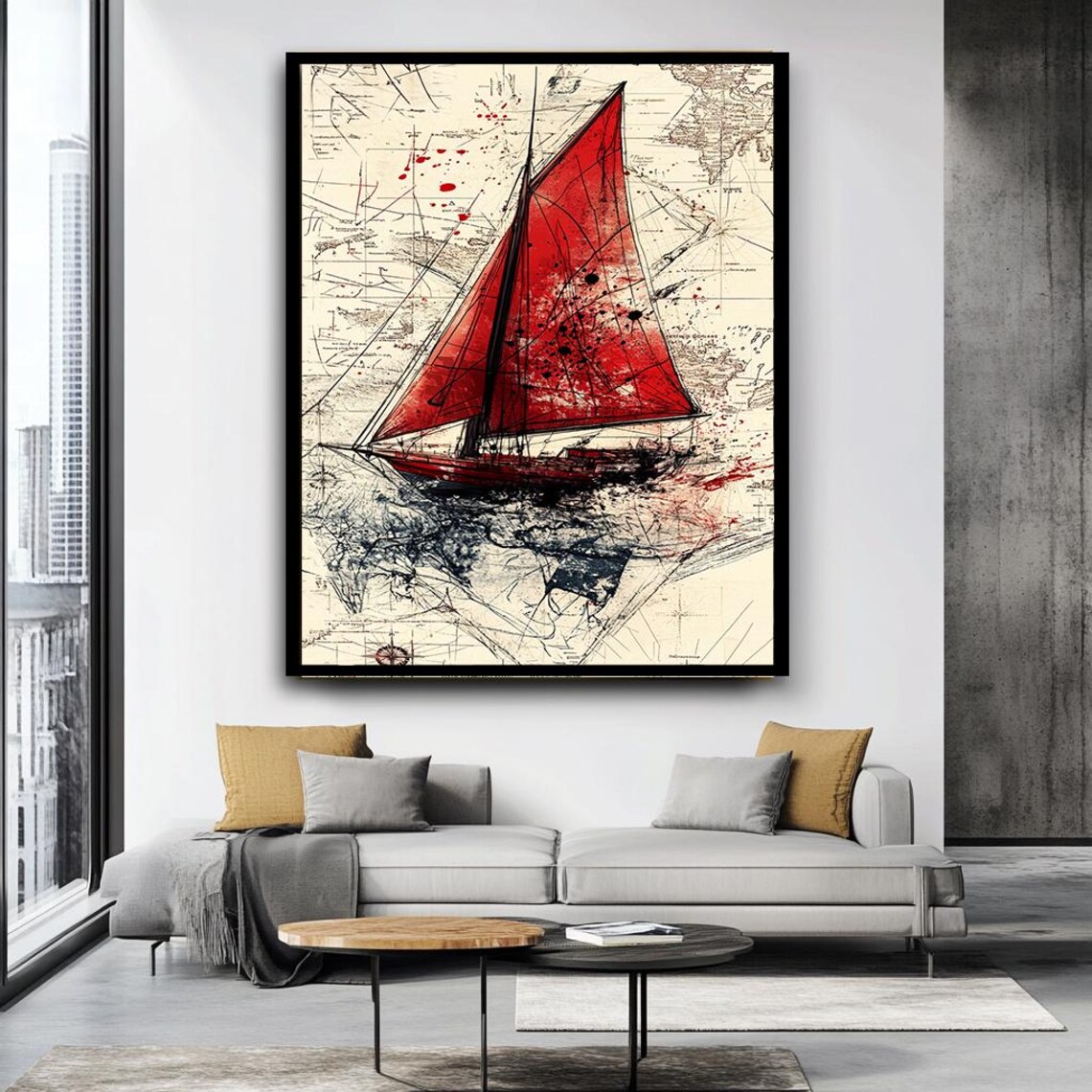 Sailboat Art Abstract Sailboat Print Nautical Wall Art With Red Sail Modern Maritime Artwork Nautical Wall Decor - Image 4