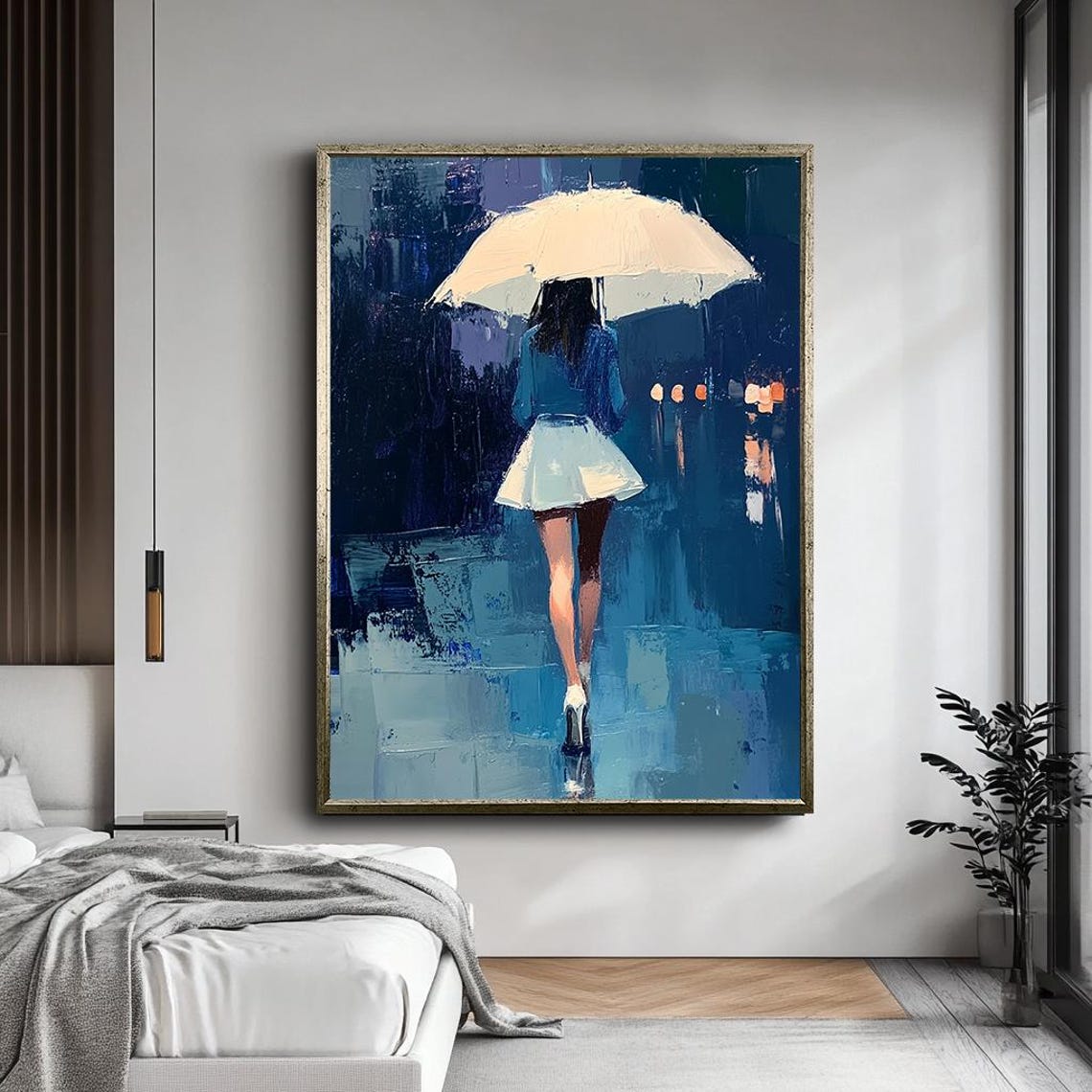 Woman With White Umbrella Rainy Night City Lights Painting Wall Art - Image 2