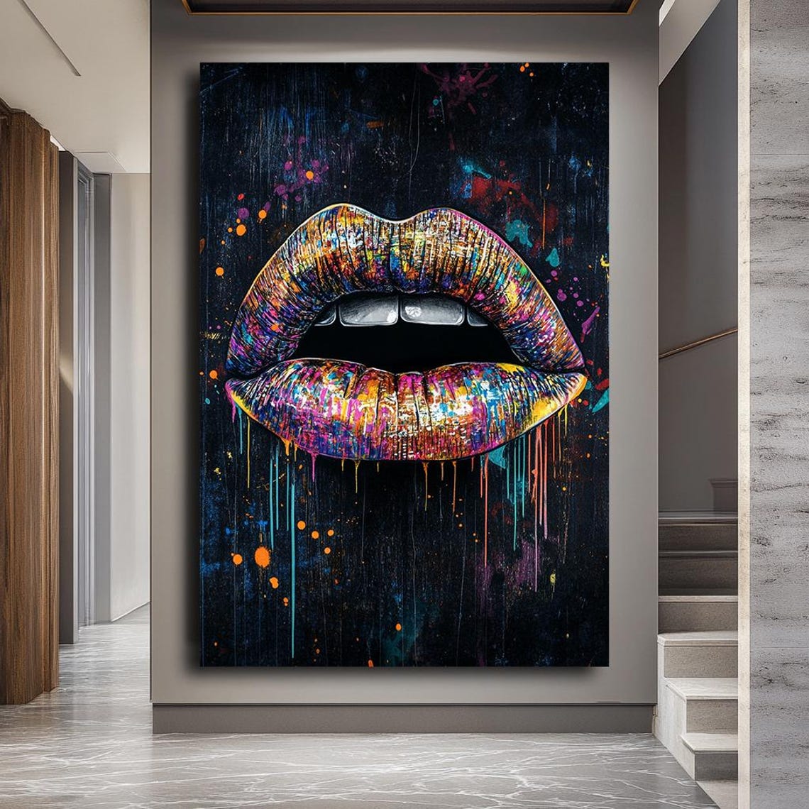 Colorful Graffiti Lips Dripping Paint Dark Statement Pop Wall Art - Image 3