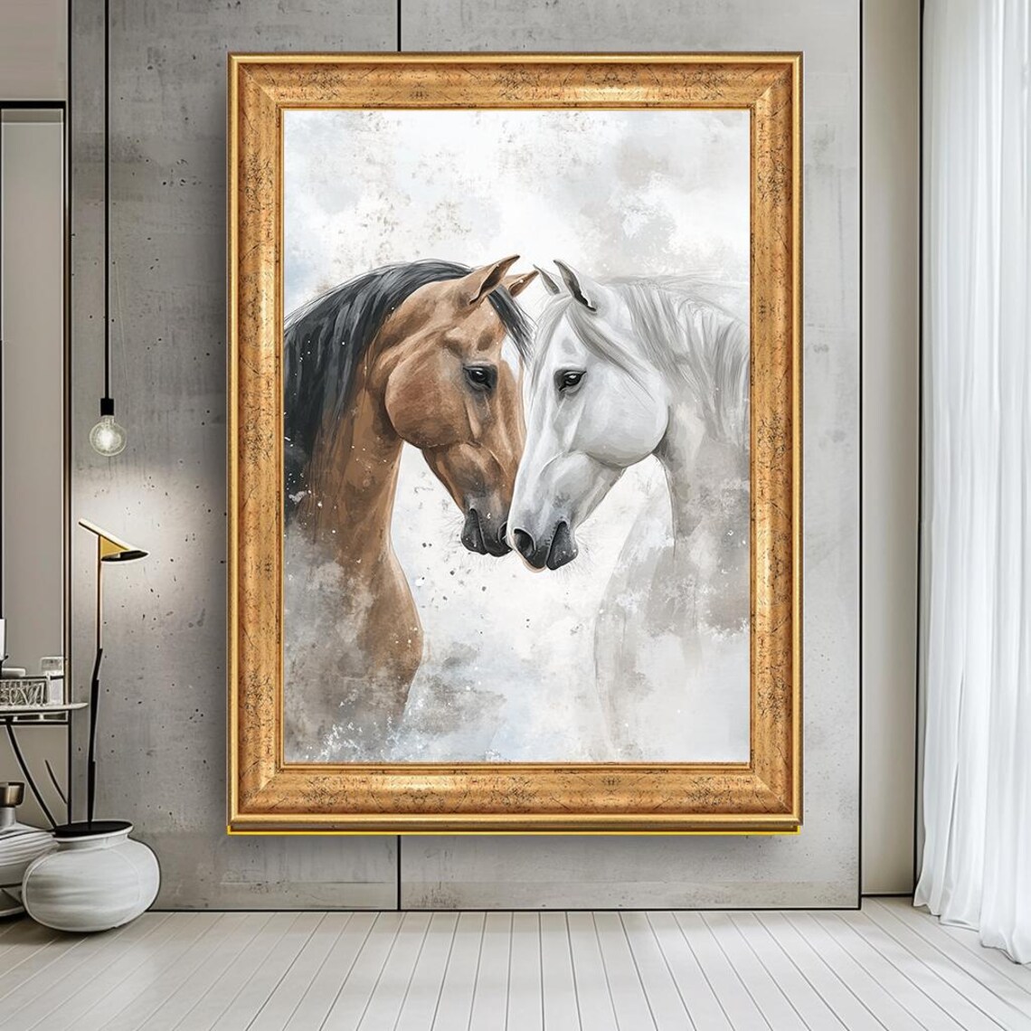 Two Horses Embracing Brown White Watercolor Gentle Animal Poster