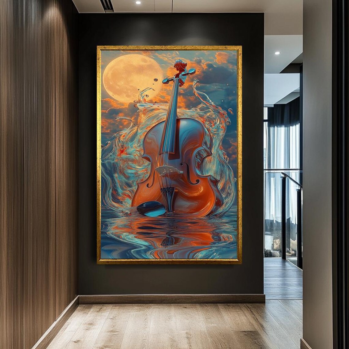 Violin And Moon Canvas Print Dreamlike Musical Instrument Art Vibrant Abstract With Water Full Modern Wall
