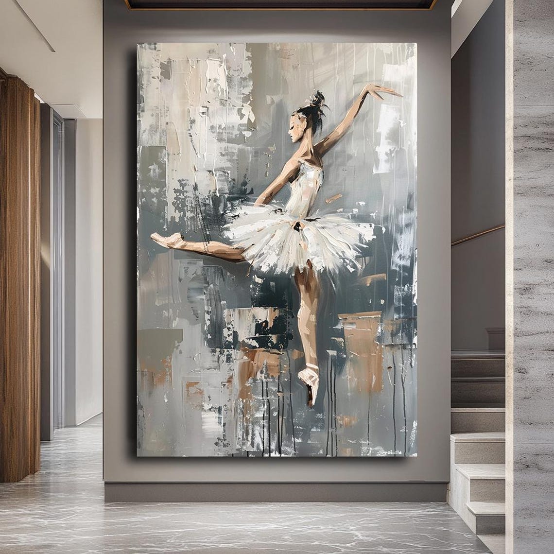 Ballerina In White Tutu Leap Abstract Grey Studio Dance Art Poster - Image 5