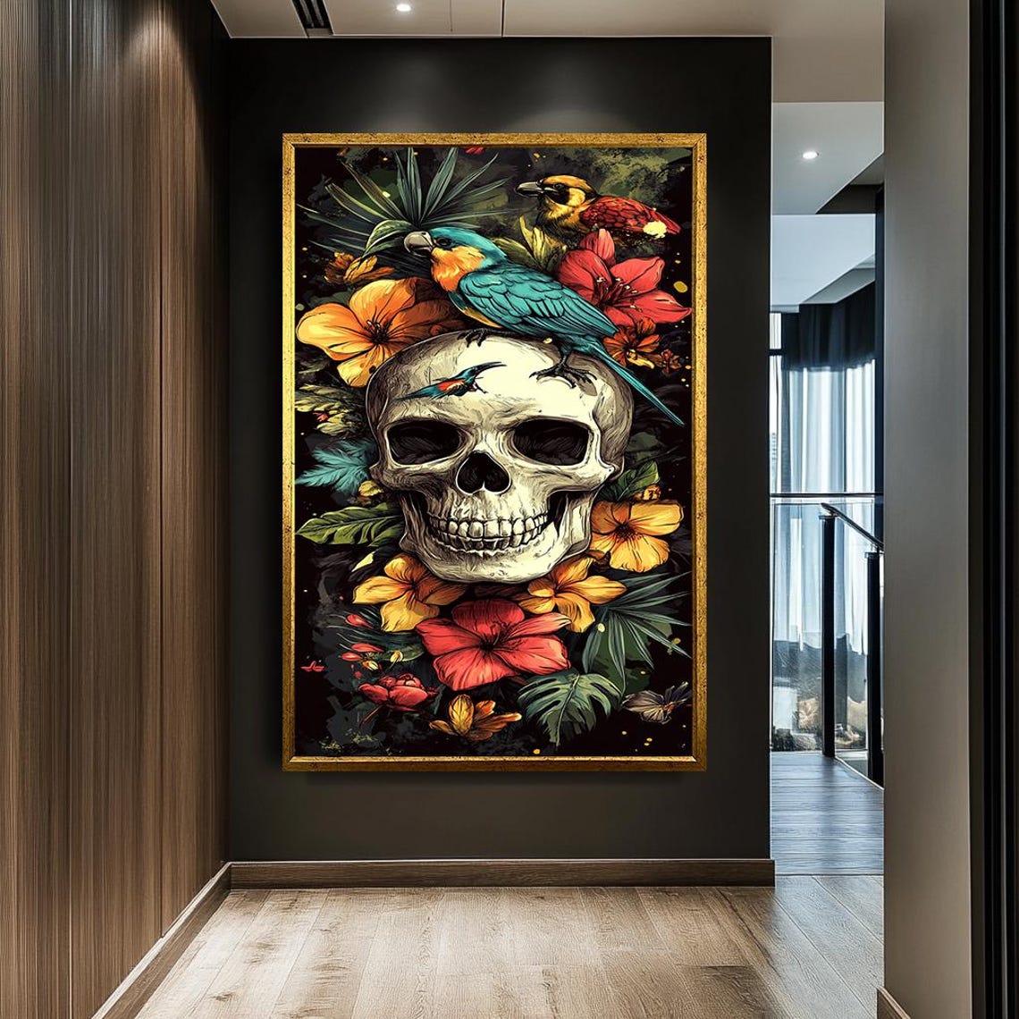 Tropical Skull With Parrots Hibiscus Gothic Floral Art Poster