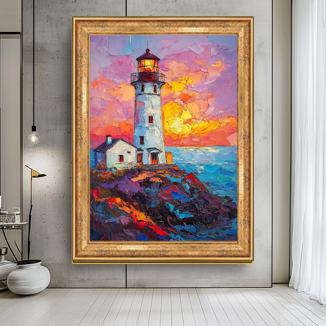 Colorful Lighthouse Sunset Rocky Coast Textured Oil Painting Poster