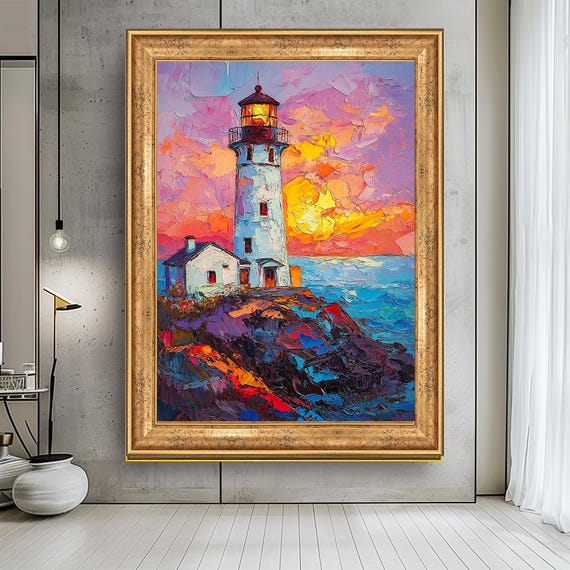 Vibrant Lighthouse Print Colorful Sunset Seascape Painting Textured Coastal Wall Art For Living Room Bold Ocean Landscape Decor