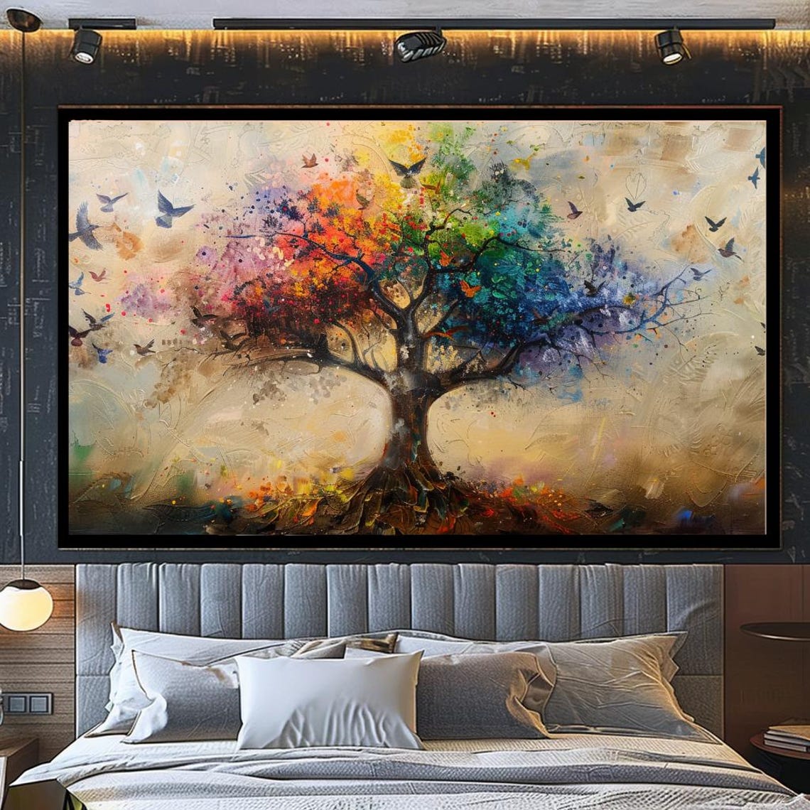 Rainbow Tree Of Life Flying Birds Golden Whimsical Nature Art Print - Image 4