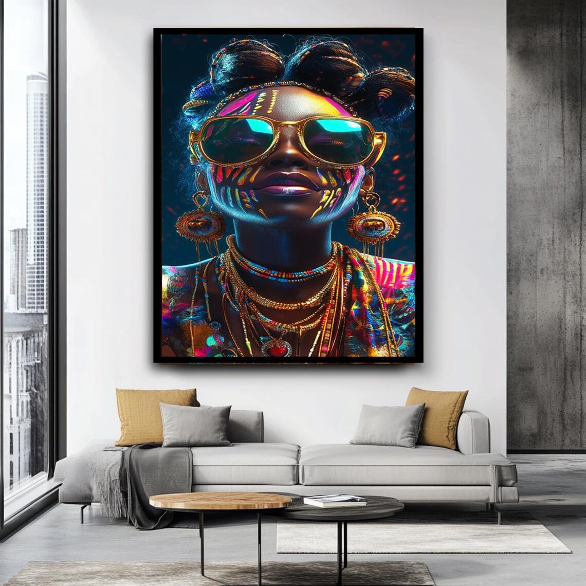 Neon Tribal Woman Portrait Sunglasses Bold Colorful Festival Wall Art - Image 2