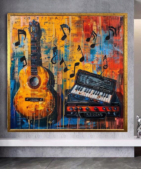Abstract Guitar And Keyboard Painting With Colorful Music Notes Poster