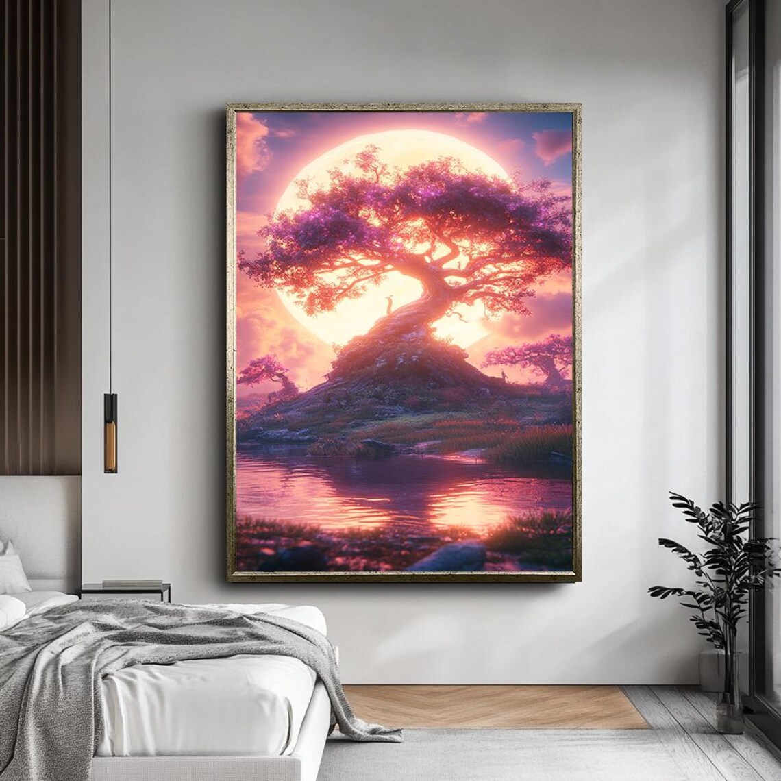 Sunset Tree With Reflection Art Fantasy Nature Landscape Wall Decor Magical Pink And Orange Sky Dreamy Scenic Print - Image 5