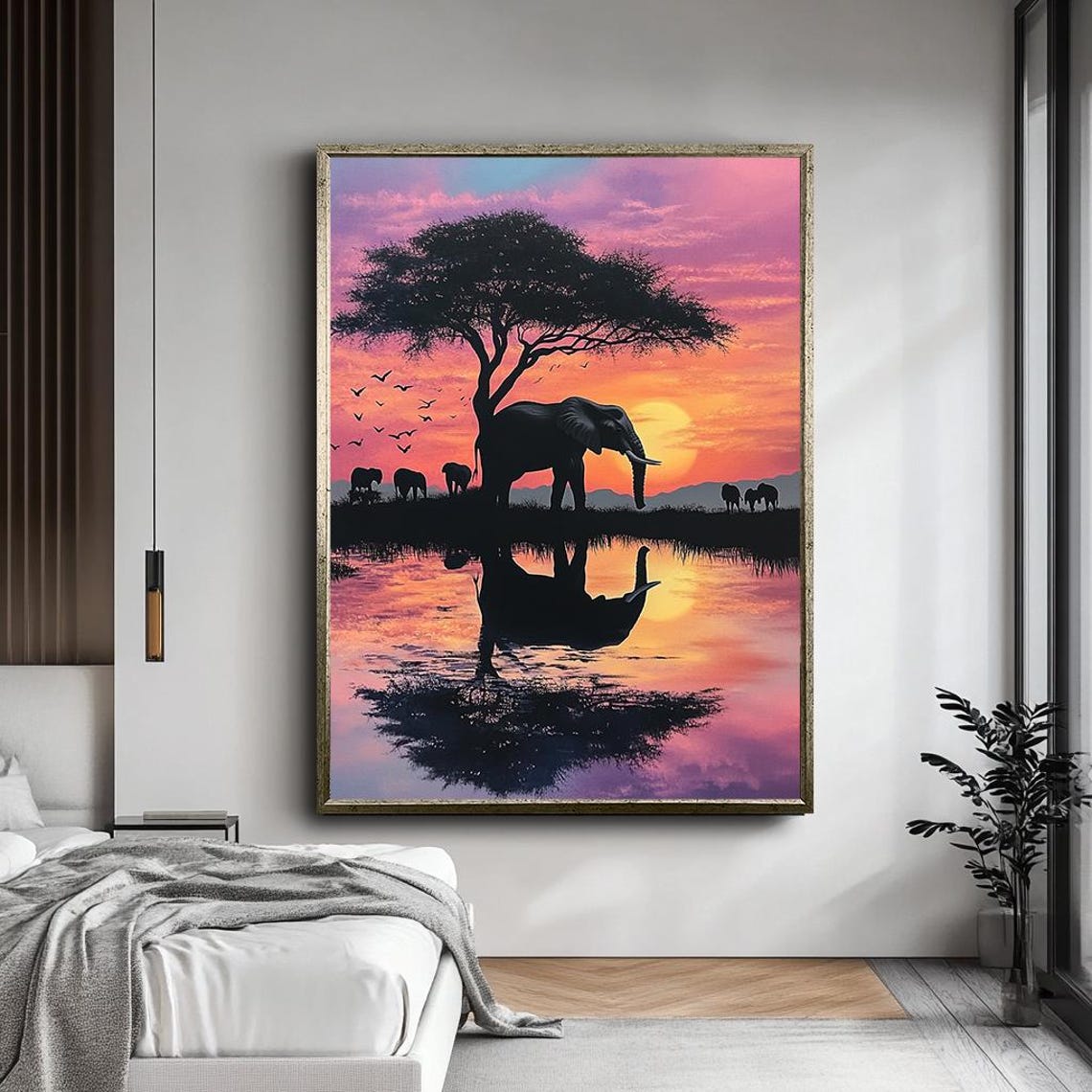 African Elephants Sunset Savanna Acacia Tree Water Reflection Poster - Image 5
