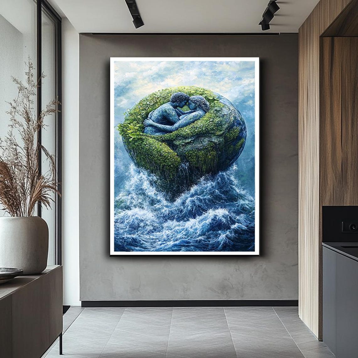 Couple Embracing Floating Earth Island Ocean Waves Romantic Wall Art - Image 2