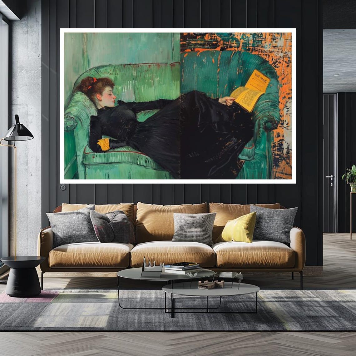 Vintage Woman Reading On Green Sofa Classic Elegant Literary Art Print - Image 2