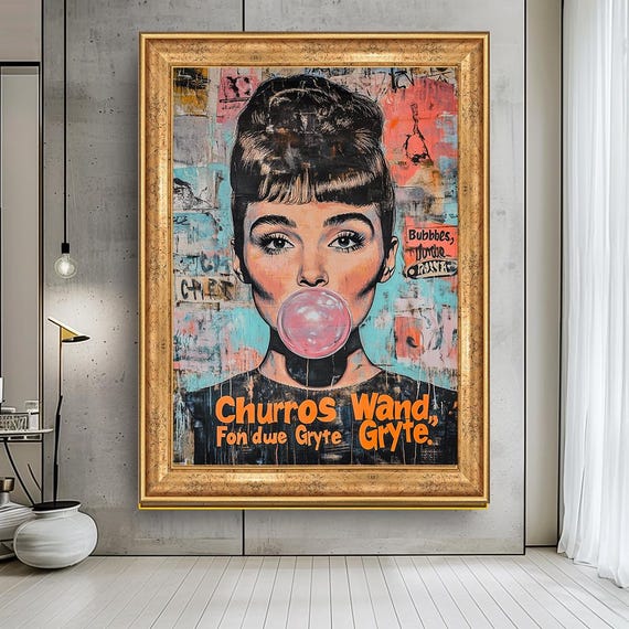 Audrey Hepburn Pop Art Canvas Bubblegum Street Style Large Modern Wall Decor Retro Graffiti Portrait Bold Fashion For Home