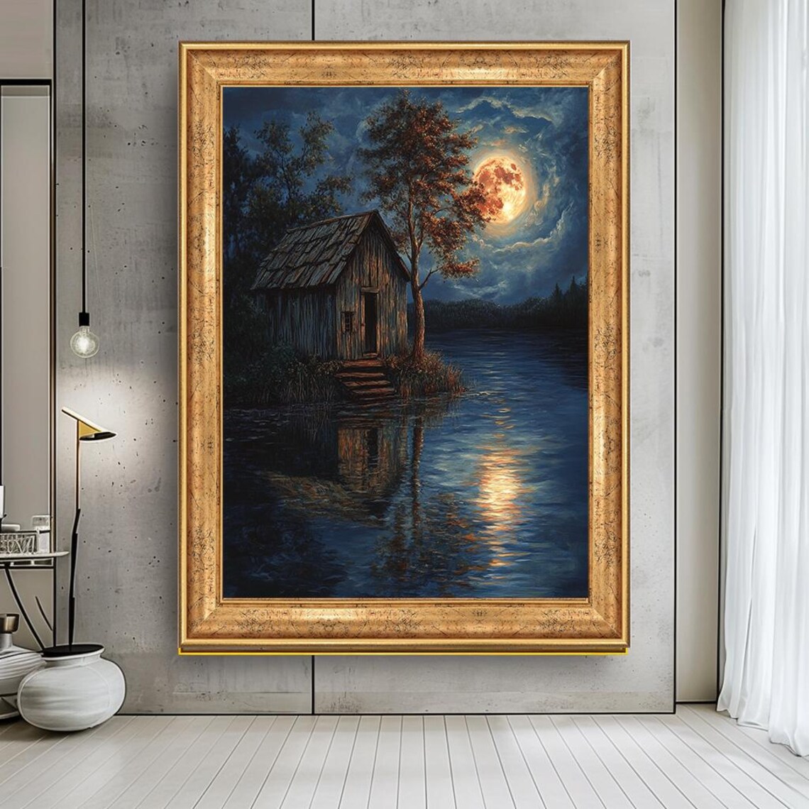 Rustic Cabin By Moonlit Lake, Peaceful Night Reflection