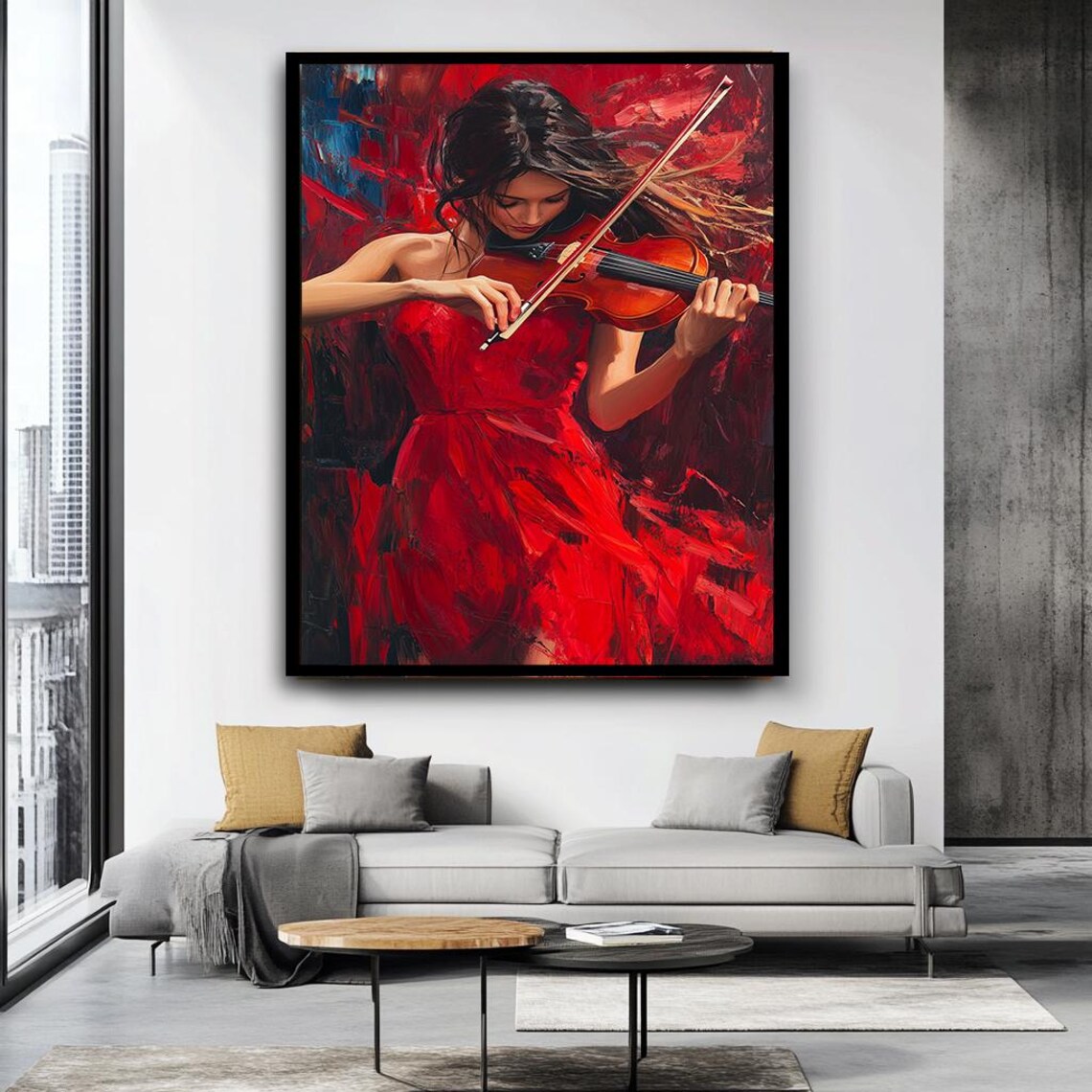 Woman In Red Dress Playing Violin Passionate Musician Wall Art - Image 4