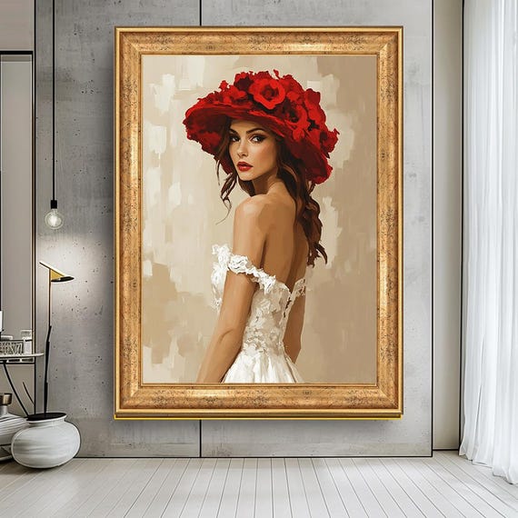 Elegant Woman Art Red Hat Print Fashion Inspired Wall Art For Modern Interiors Romantic Feminine Portrait Painting