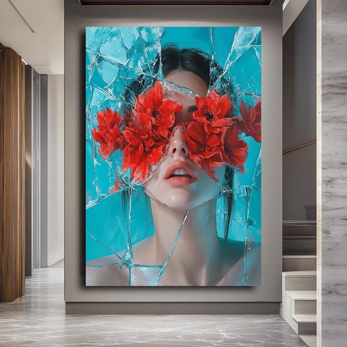 Surreal Woman With Red Flowers Shattered Glass Effect Art Poster - Image 3