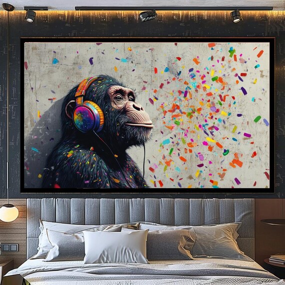 Colorful Monkey With Headphones Canvas Print Modern Pop Art Wall Decor Large Vibrant Animal Fun Musicthemed Artwork For Living Room