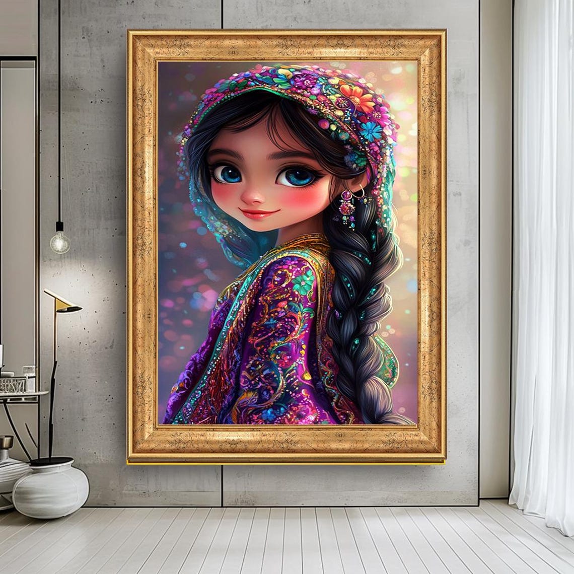 Whimsical Girl Portrait Art Colorful Fantasy Canvas Vibrant Ethnic Fashion Illustration Cute Bigeyed Character Wall Decor For Kids