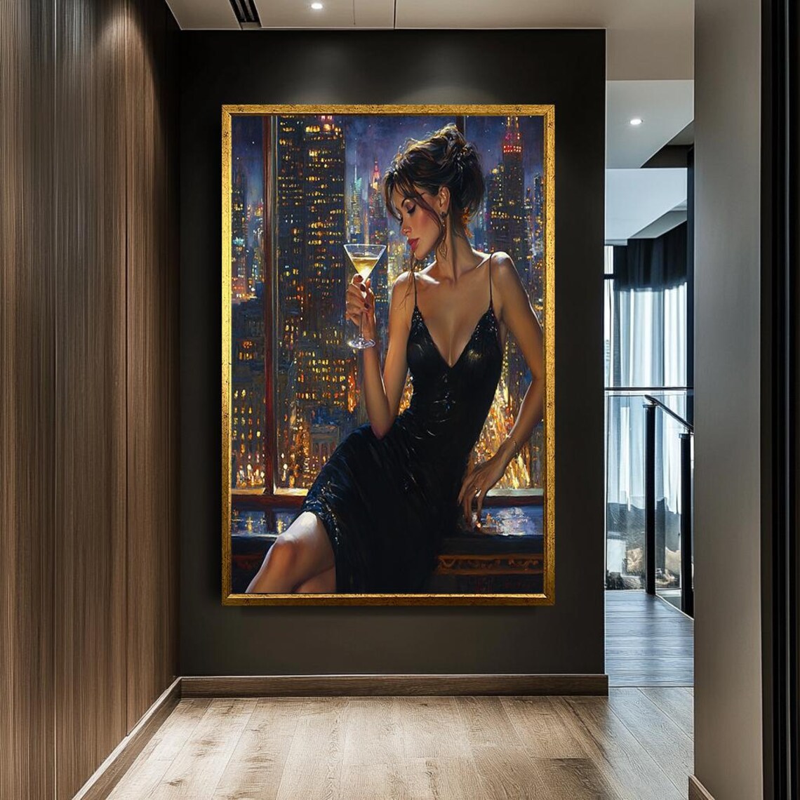 Woman in Black Dress Cityscape Art Print, Modern Glamour