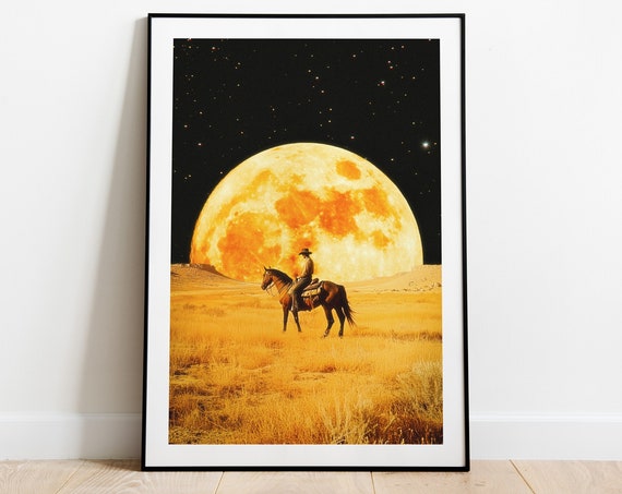 Lunar Cowboy Wall Decor Cosmic Art Retrofuturism Vintage Design Scifi Collage Art Space Adventure Retro Science Fiction