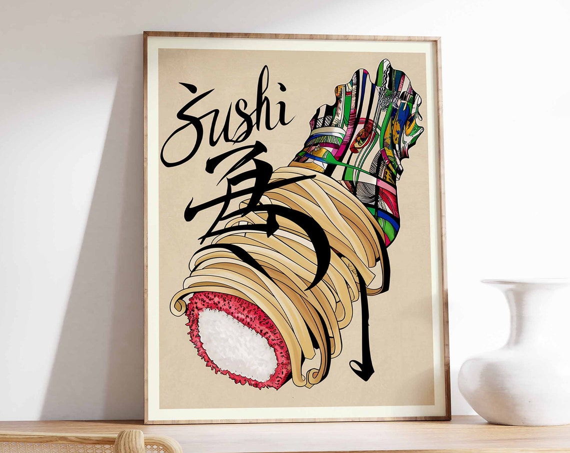 Sushi Hand Roll Colorful Japanese Calligraphy Kitchen Poster