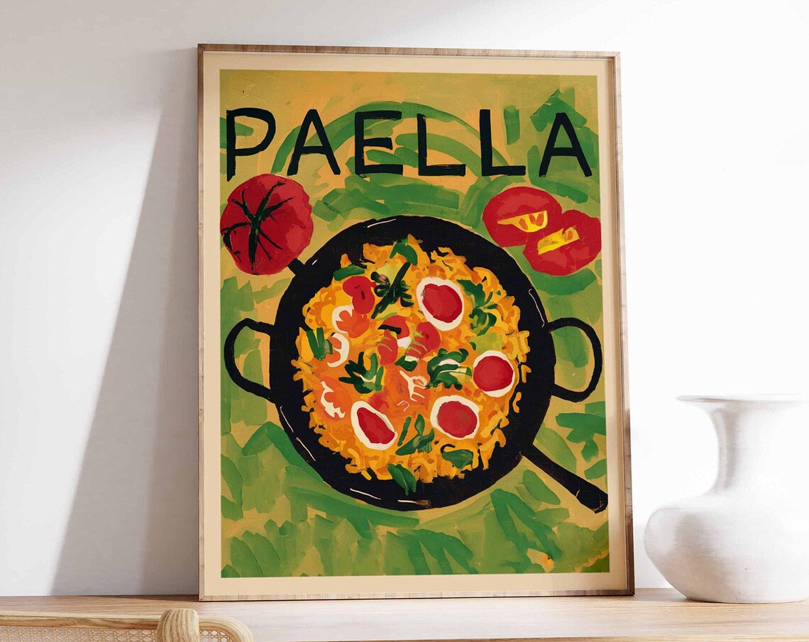 Spanish Paella Pan With Eggs And Shrimp Colorful Food Art Poster