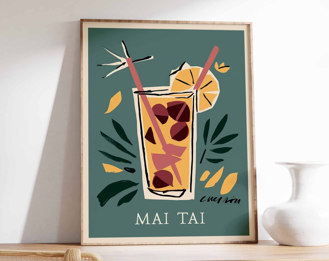 Mai Tai Golden Tropical Glass Red Straws Retro Cocktail Bar Poster