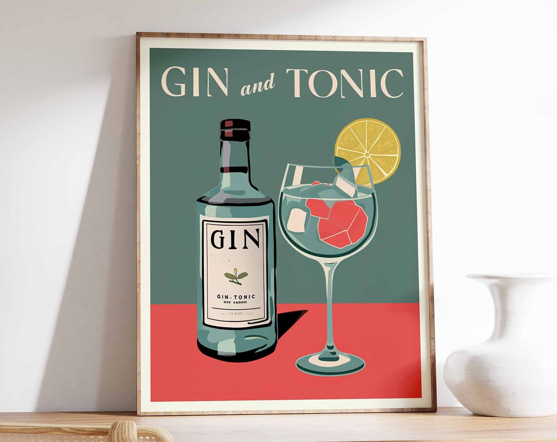 Gin and Tonic Bottle Glass Sage Green Retro Cocktail Bar Poster