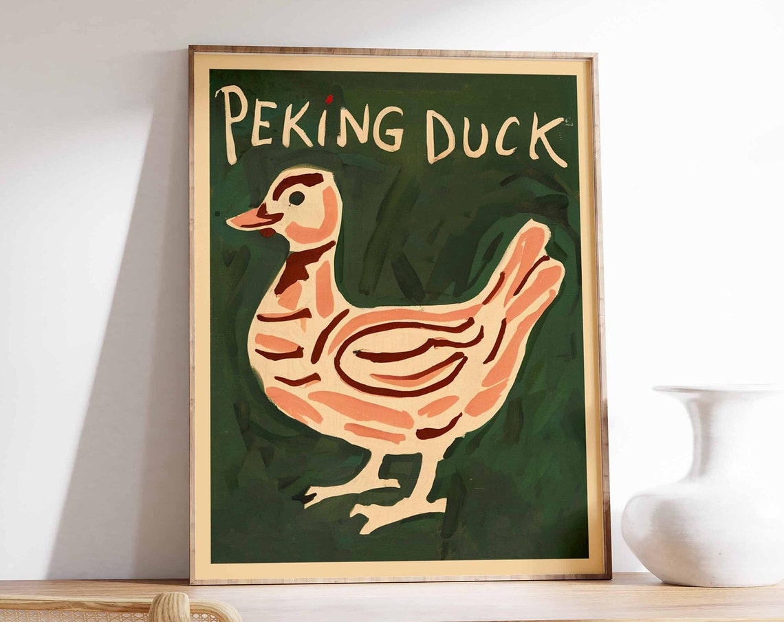 Peking Duck Folk Art Duck Illustration Dark Green Kitchen Poster