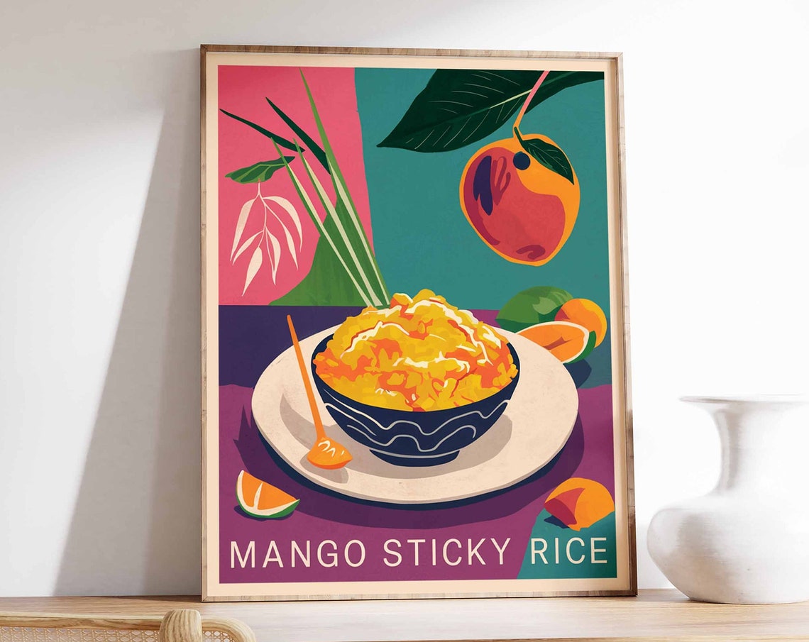 Mango Sticky Rice Dessert Bowl Spoon Lime Tropical Poster Art