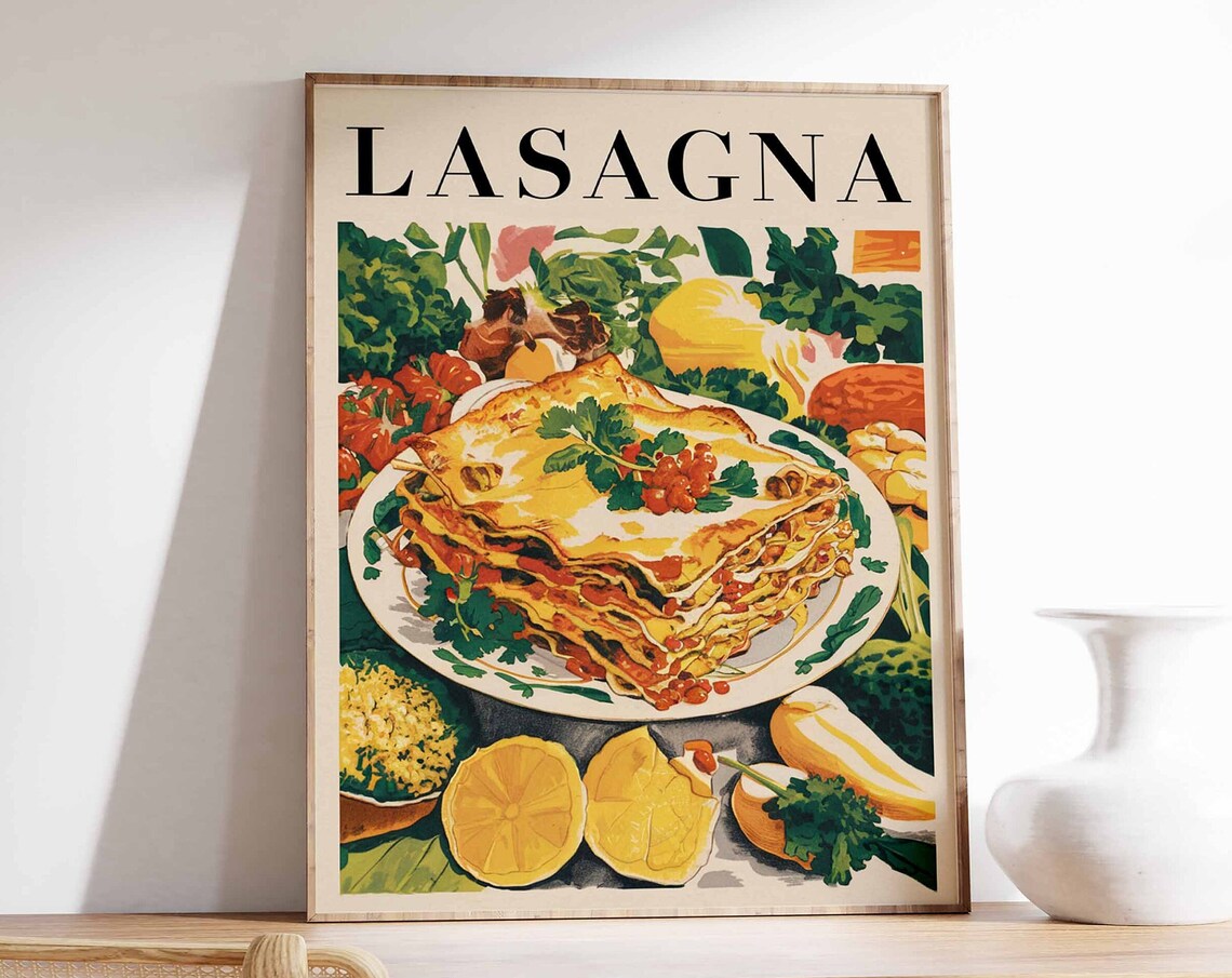 Lasagna Slice Fresh Tomatoes Herbs Lemon Italian Kitchen Art Poster
