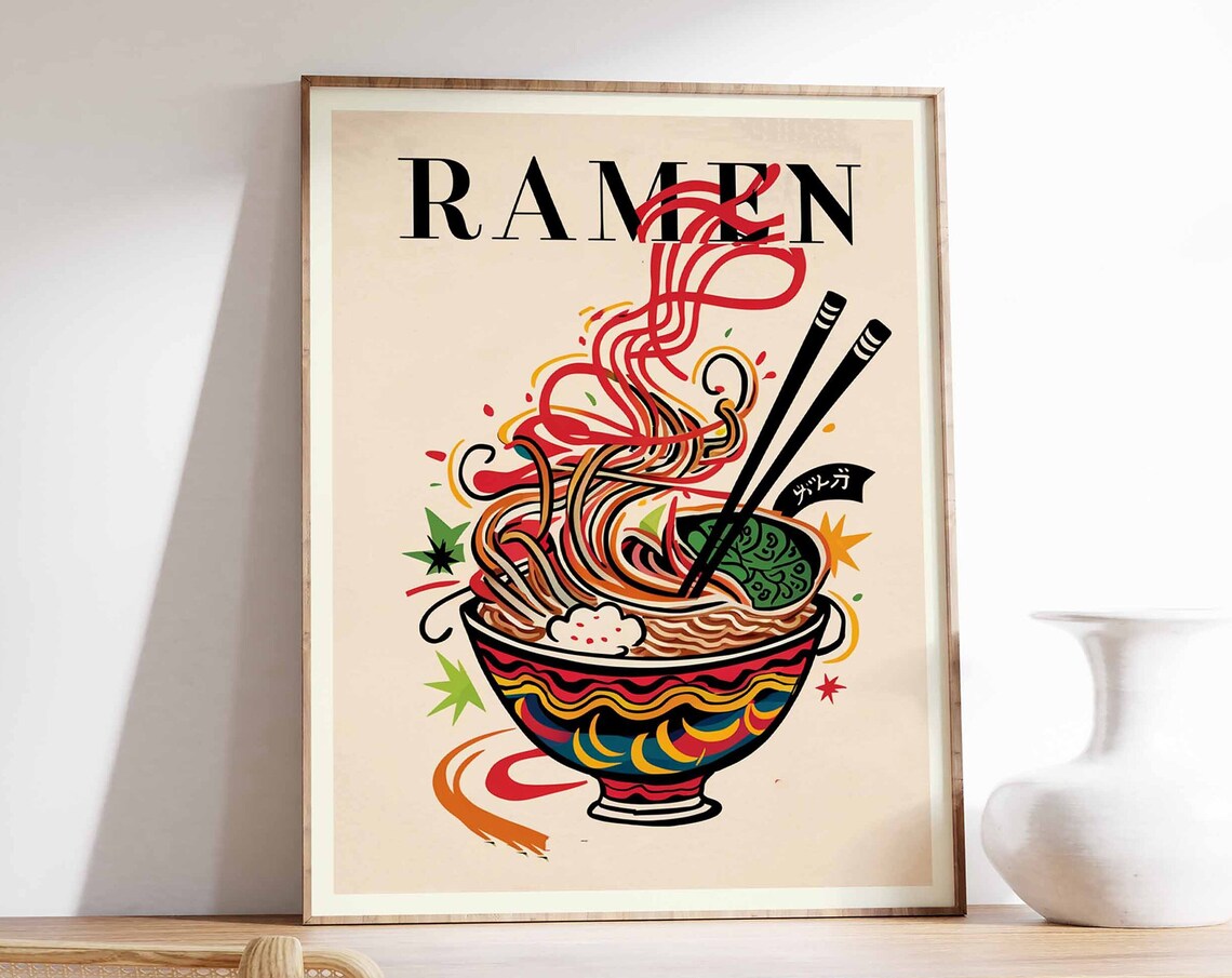 Ramen Japanese Noodle Bowl Chopsticks Colorful Retro Kitchen Poster