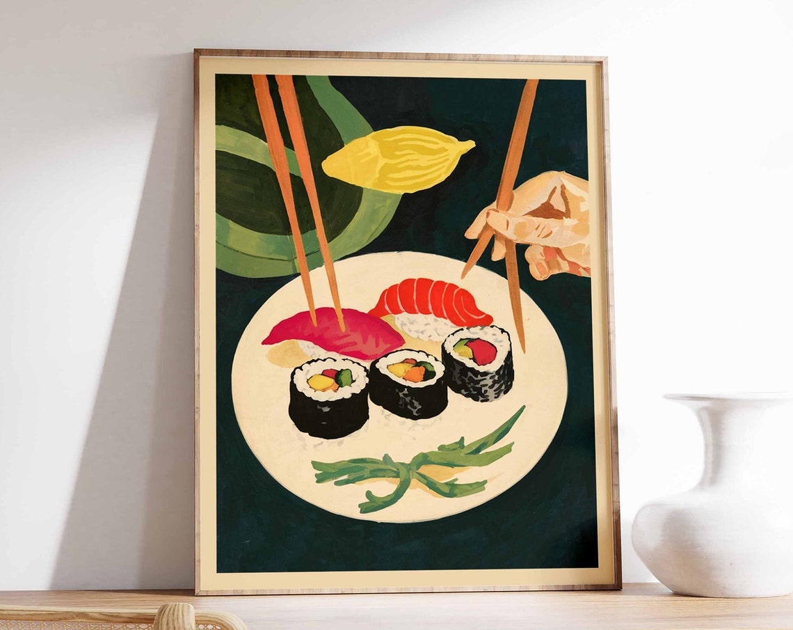 Sushi Platter Maki Rolls Chopsticks Hand Japanese Kitchen Poster