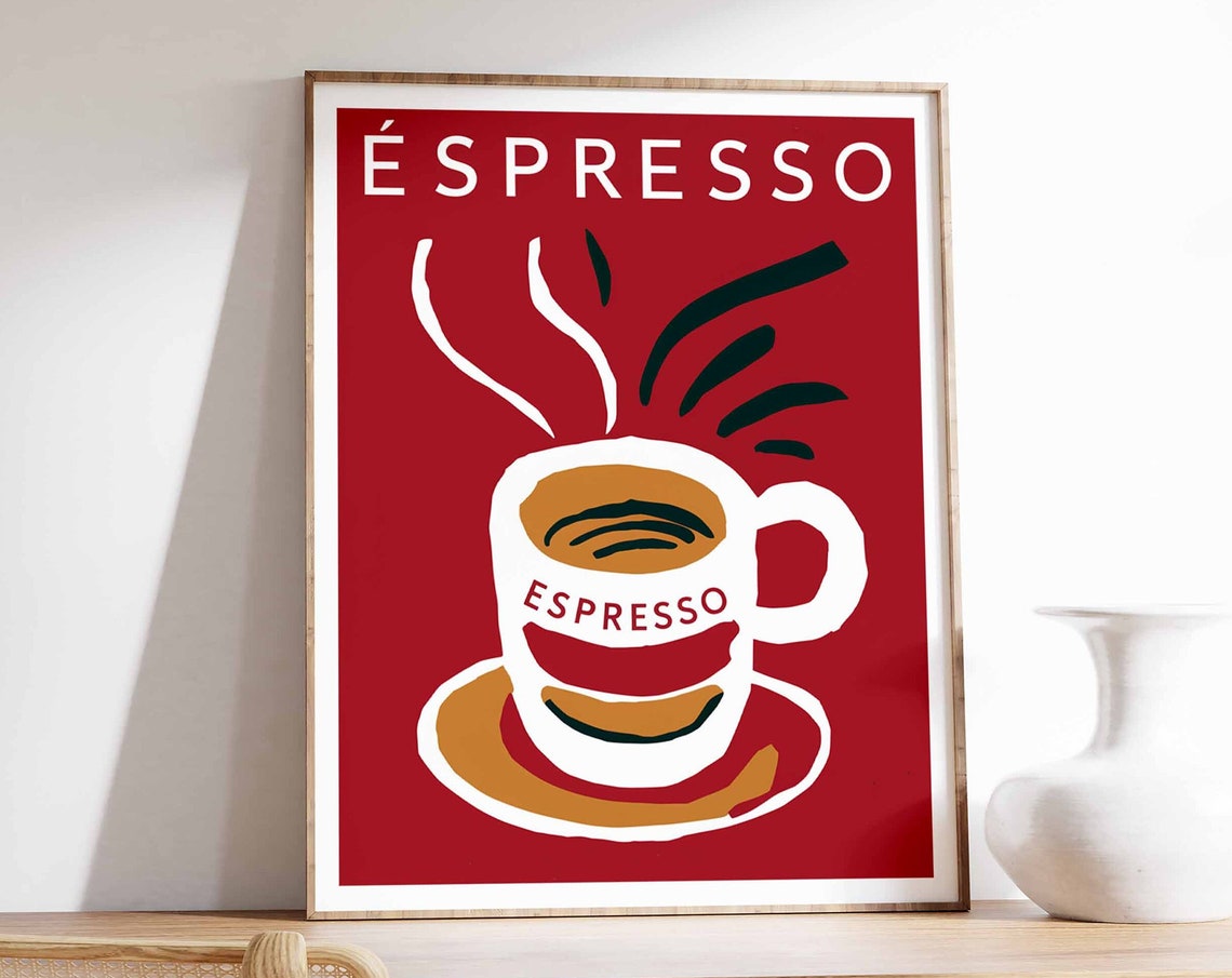 Espresso Cup Steaming Red Retro Coffee Art Typography Poster