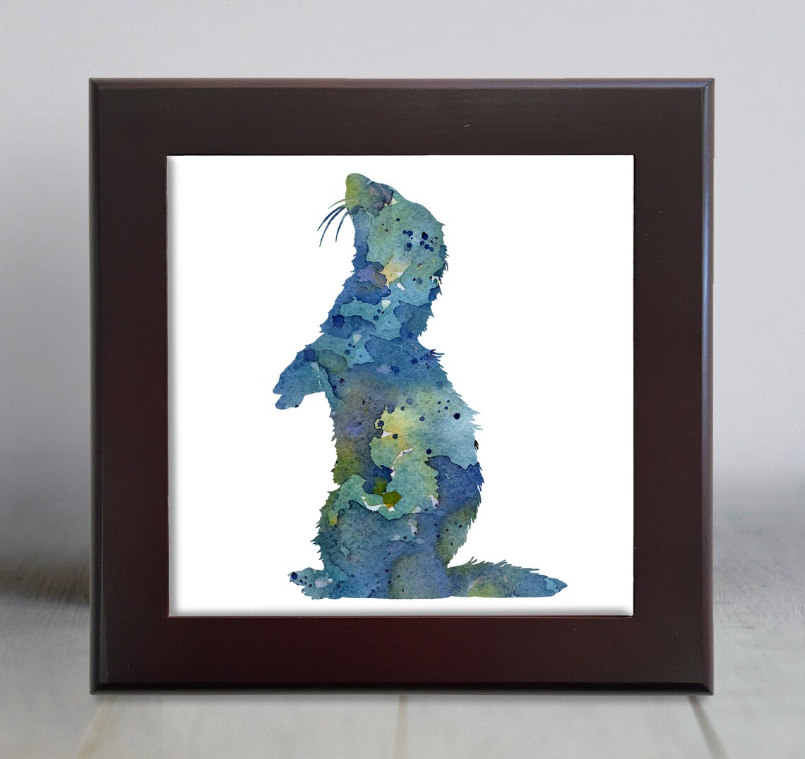 Blue Watercolor Sitting Ferret Small Pet Animal Silhouette Wall Art - Image 2